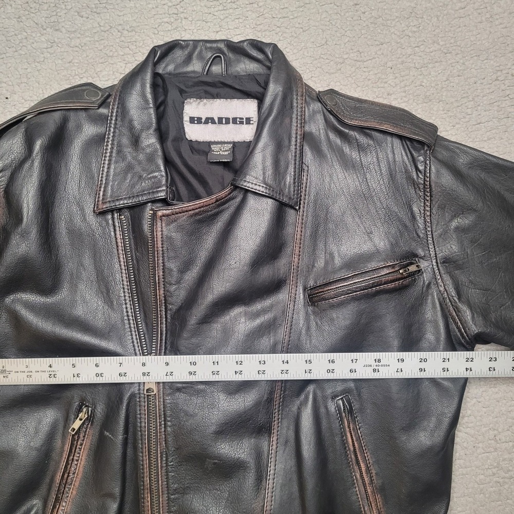 Badge Leather Jacket Mens Large Black Distressed Belted Moto Biker Asymmetrical - Picture 9 of 14